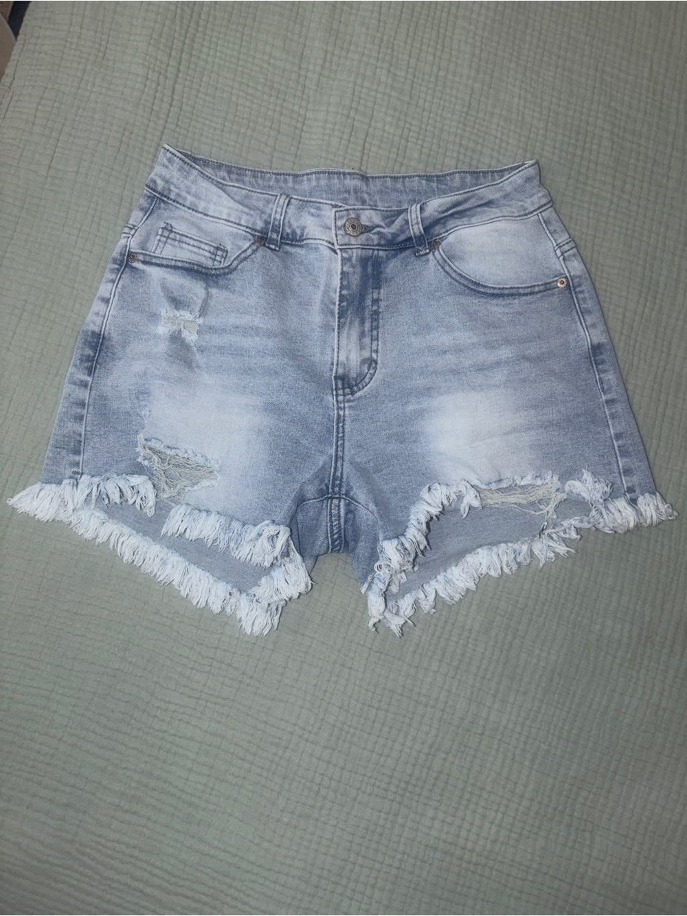 Source Unknown Light Blue Distressed Frayed Hem Denim Shorts